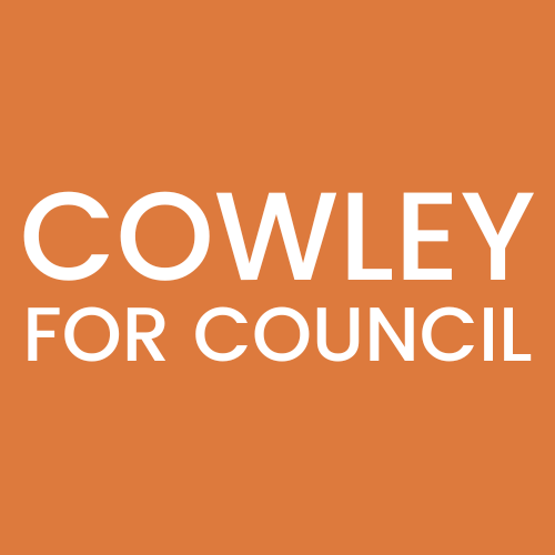 An orange square with Cowley for Council in a white font.